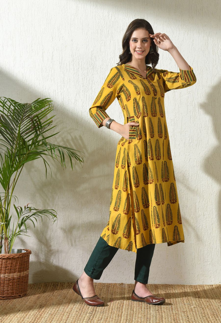 Mustard block-print A-line kurta